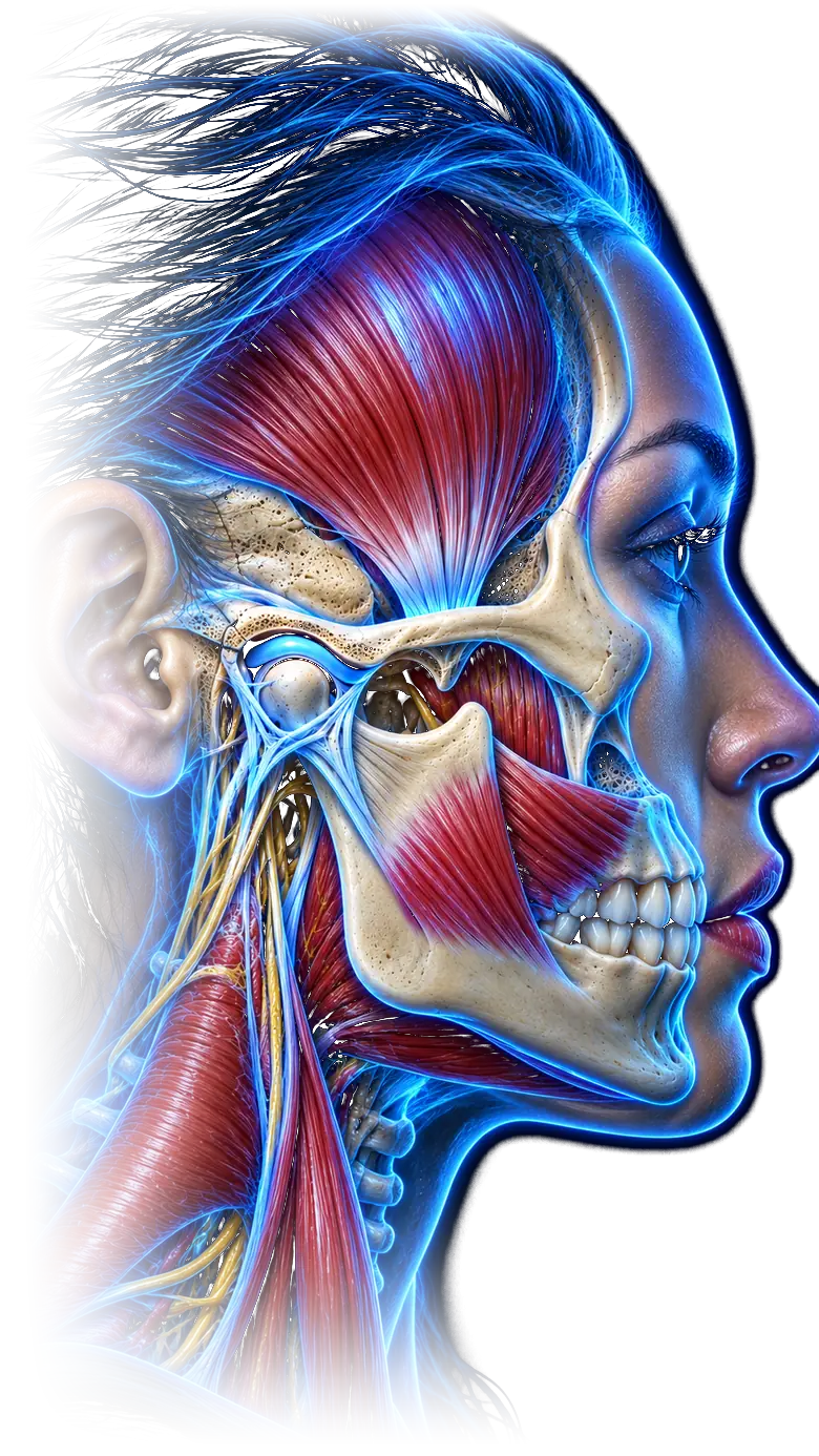 Ilustração anatômica de um rosto em perfil, com a articulação temporomandibular, os músculos temporal e masseter e o trajeto dos nervos da face